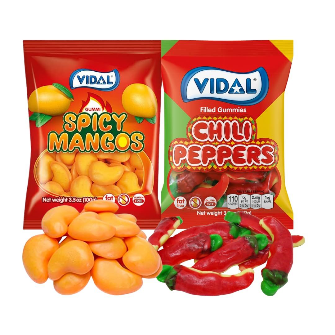 Spicy Lovers Gummy Candy Gift, Vidal Spicy Mangos &amp; Chili Peppers - Pack of 2, 3.5 oz Bags by Lyza&#39;s Sweets &amp; Treats
