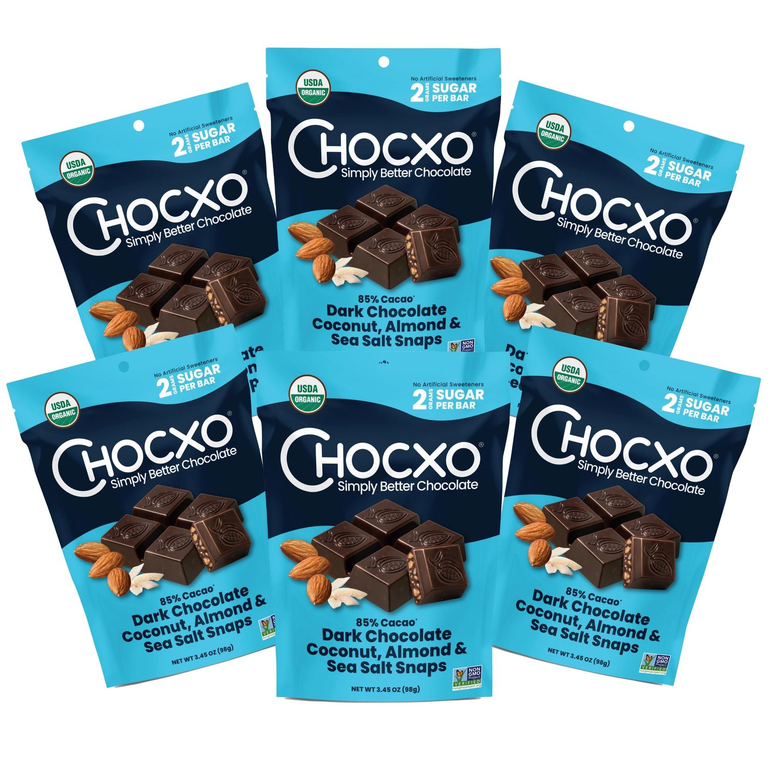 Chocxo Dark Chocolate Coconut Almond &amp; Sea Salt Snaps - Low in Real Sugar, Organic, Non-GMO, Keto Certified, Gluten Free &amp; Kosher, No Artificial Sweeteners or Sugar Alcohols, 3.45oz (Pack of 6)