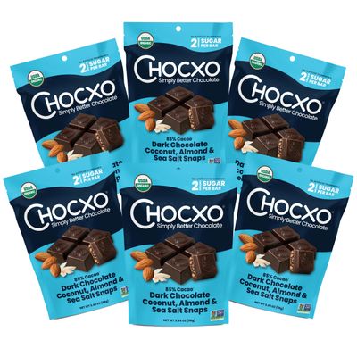 Chocxo Dark Chocolate Coconut Almond &amp; Sea Salt Snaps - Low in Real Sugar, Organic, Non-GMO, Keto Certified, Gluten Free &amp; Kosher, No Artificial Sweeteners or Sugar Alcohols, 3.45oz (Pack of 6)