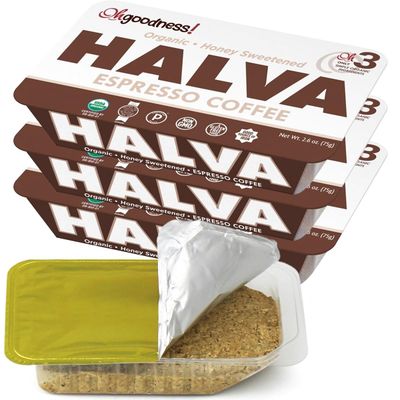 OhGoodness Organic Honey Halva - 3 Pack - Only THREE Simple Ingredients, Melt-in-Mouth Snack &amp; Dessert, Honey Sweetened Treat Paleo &amp; SCD Approved - (Honey - Espresso Coffee) 75g