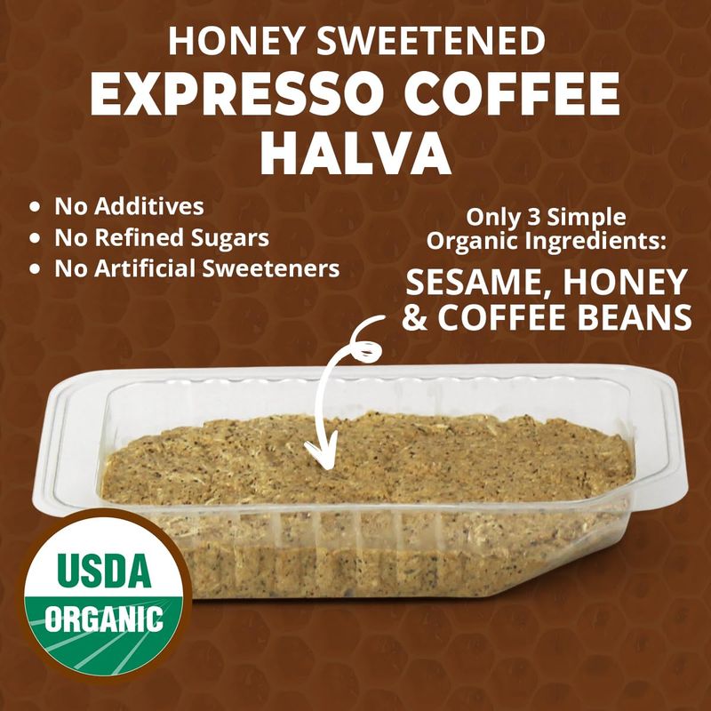 OhGoodness Organic Honey Halva - 3 Pack - Only THREE Simple Ingredients, Melt-in-Mouth Snack &amp; Dessert, Honey Sweetened Treat Paleo &amp; SCD Approved - (Honey - Espresso Coffee) 75g