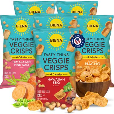 BIENA Tasty Thins Veggie Crisps - Low-Calorie Veggie Chips for Adults and Kids - Variety Pack (6x4-oz Bags) - Hawaiian BBQ, Himalayan Pink Salt, &amp; Nacho