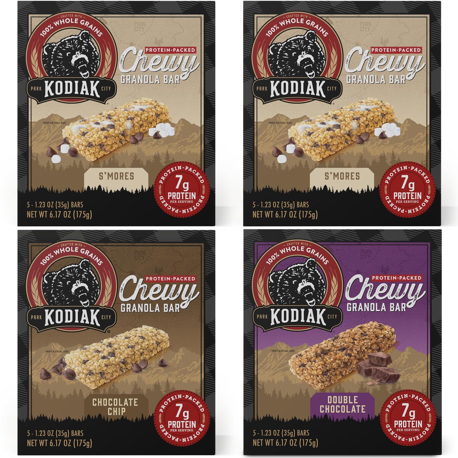 Kodiak Cakes Chewy Granola Protein Snack Bars Variety Pack, S&#39;mores, Chocolate Chip, Double Chocolate, High Protein, 100% Whole Grains, Pack of 4 (20 bars total)