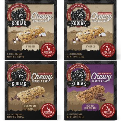 Kodiak Cakes Chewy Granola Protein Snack Bars Variety Pack, S&#39;mores, Chocolate Chip, Double Chocolate, High Protein, 100% Whole Grains, Pack of 4 (20 bars total)
