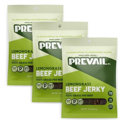 PREVAIL Lemongrass Grass-Fed Beef Jerky | Gluten Free | 100% Grass-Fed | High Protein Snacks | Free of Preservatives | No GMO&#39;s | Pack of (3) Bags | 2.25oz