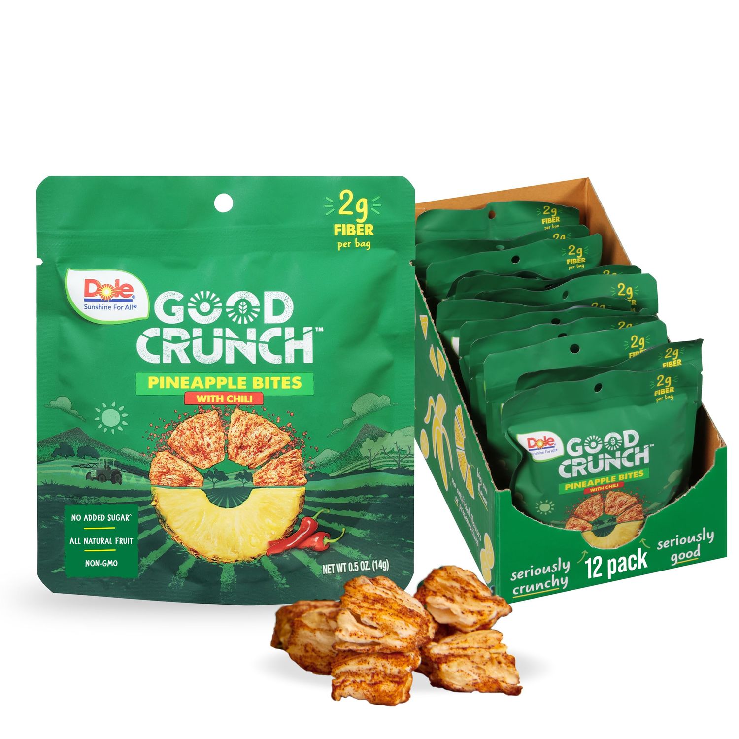 Dole Good Crunch Pineapple with Chili Dried Fruit Bites, Gluten Free &amp; Vegan Snack, 0.5oz Bags (Pack of 12)