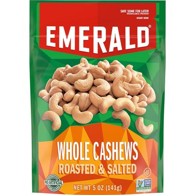 Emerald Nuts, Whole Cashews Roasted &amp; Salted, 5 Oz Resealable Bag (Pack of 2)