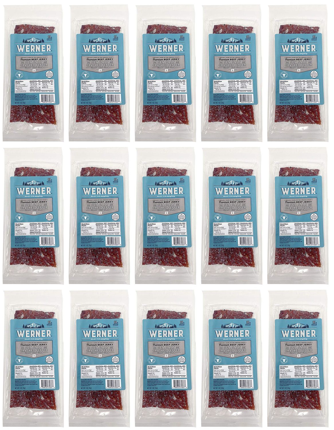 Werner Beef Jerky Slab Pack of 15-1 Ounce, Individually Wrapped Meat Snacks (Sea Salt &amp; Cracked Pepper)