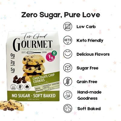 Too Good Gourmet Keto Chocolate Chip Cookies 3 Pack | Low Carb Snacks | Sugar-Free Snacks for Kids &amp; Adults | Grain Free, Soft Baked Keto Friendly Food Desserts | Gluten-Free - 5 Ounce Each