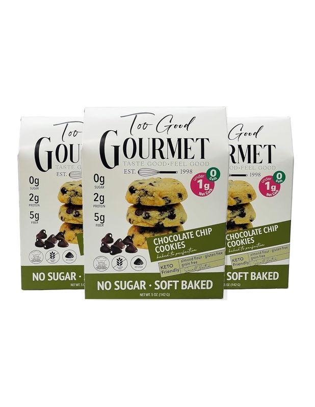 Too Good Gourmet Keto Chocolate Chip Cookies 3 Pack | Low Carb Snacks | Sugar-Free Snacks for Kids &amp; Adults | Grain Free, Soft Baked Keto Friendly Food Desserts | Gluten-Free - 5 Ounce Each