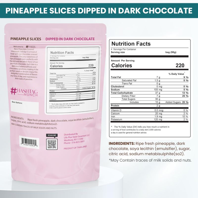 Premium All Natural Real Rich Dark Chocolate Dipped Tropical Pineapple Dried Fruit Slices 7oz Non GMO, No Added Colors Healthy Snacks Resealable Bag (1-Pack)