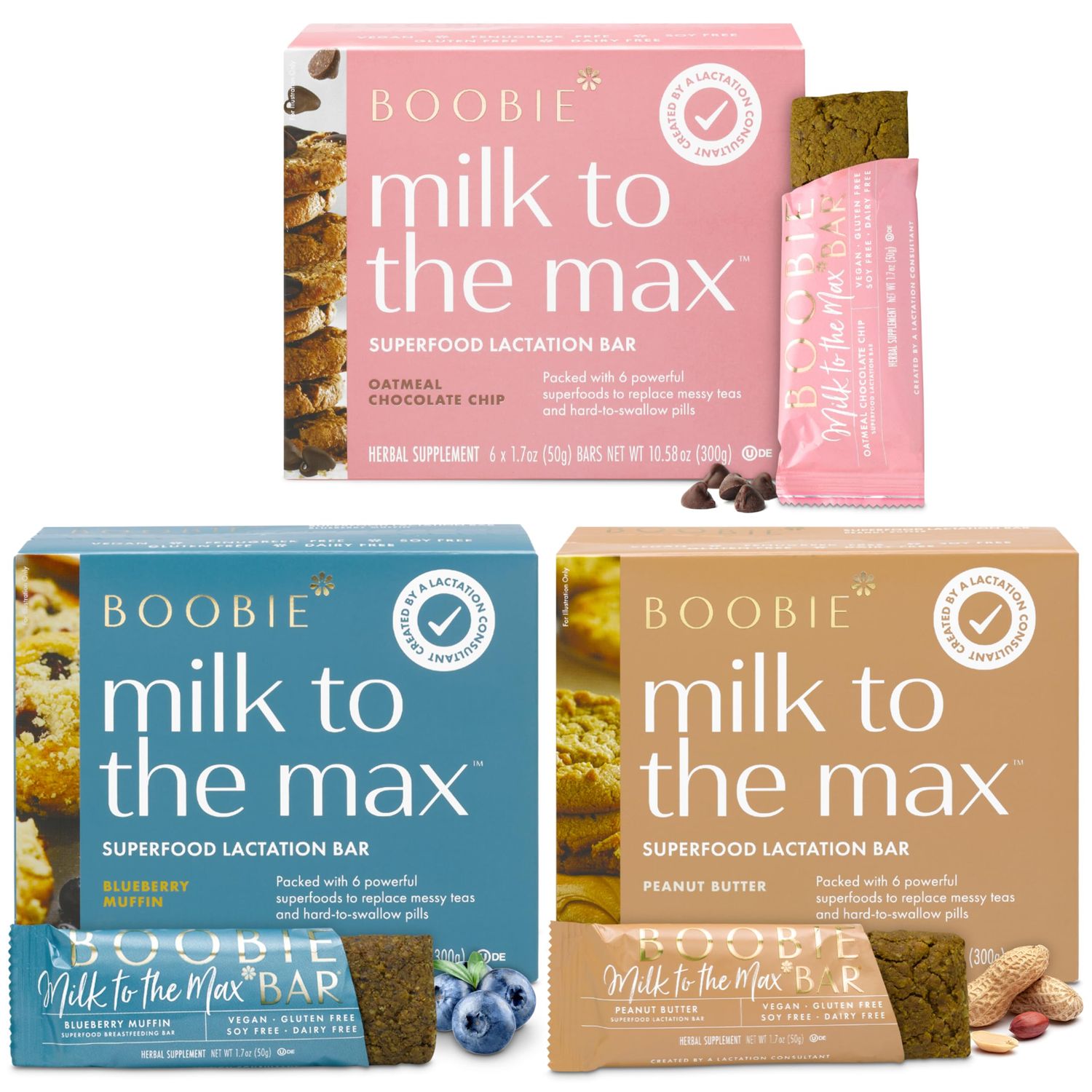 Boobie Bar Superfood Lactation Bars, Lactation Snacks for Breastfeeding to Increase Milk Supply, Fenugreek-Free, Gluten-Free, Dairy-Free, Vegan - Variety Pack (1.7 Ounce Bars, 18 Count)