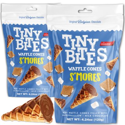 Tiny Bites - Crispy Mini Waffle Cones Treats - Premium Belgian Chocolate, 4.24 oz Bag (Pack of 2) - Delicious Variety of Flavors, Perfect Snack, Dessert, or Ice Cream Topping (2 Pack, S&#39;mores)
