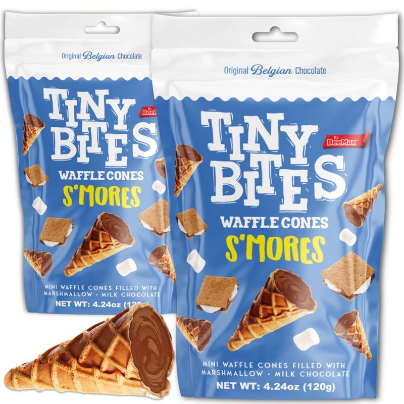 Tiny Bites - Crispy Mini Waffle Cones Treats - Premium Belgian Chocolate, 4.24 oz Bag (Pack of 2) - Delicious Variety of Flavors, Perfect Snack, Dessert, or Ice Cream Topping (2 Pack, S'mores)