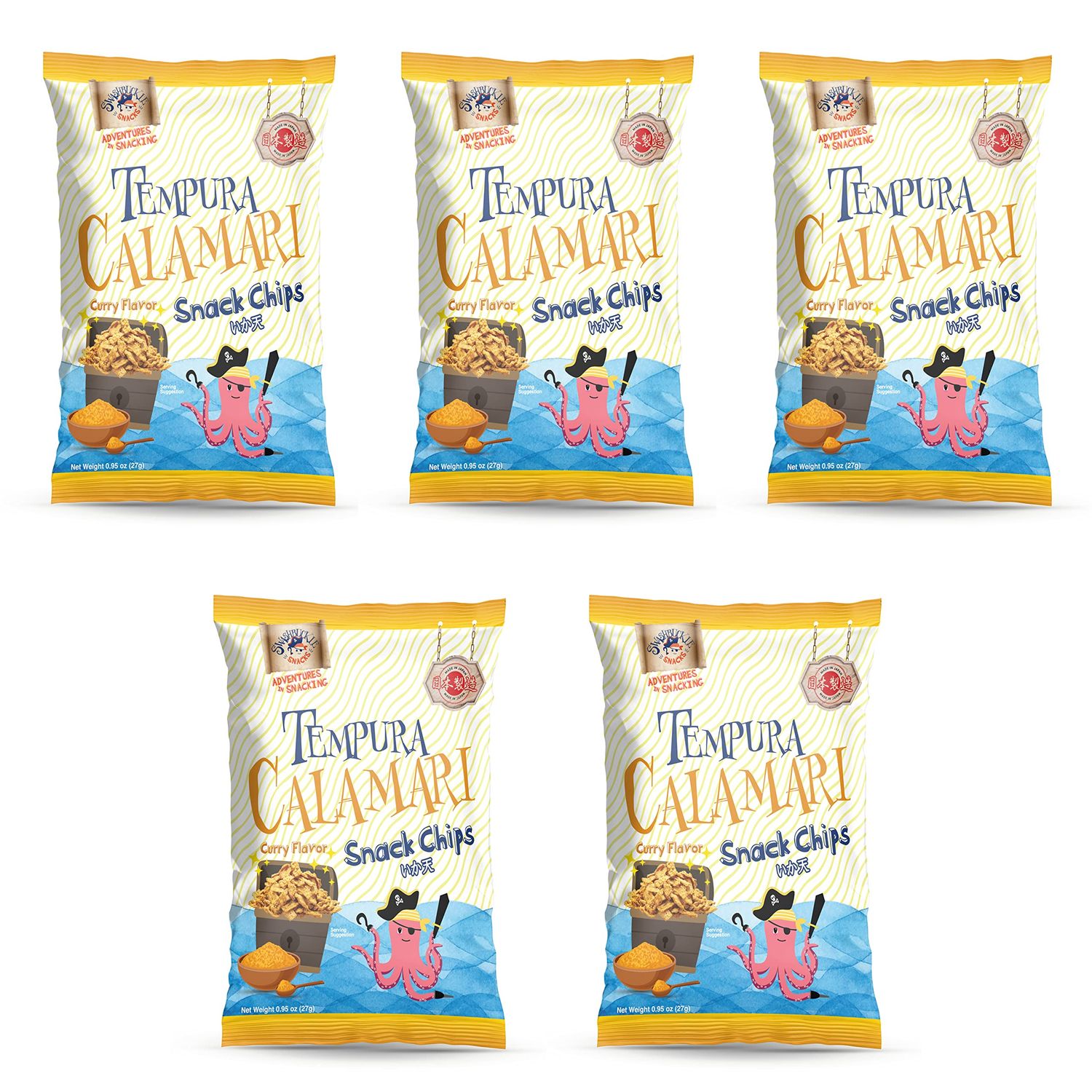 Swashbuckle Snacks Crispy Tempura Calamari Snack Chips Curry Flavor 0.95oz (27g) - 5 pack, Made in Japan, Otsumami