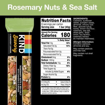 KIND Savory Nut Bars, Rosemary Nuts &amp; Sea Salt, Good Source of Fiber, Gluten Free, Low Sugar, 6g Protein, 6 Count