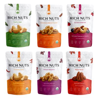 Rich Nuts Variety Pack Sprouted Nuts | Gourmet Flavored Pecans, Walnuts, and Trail Mix | Vegan, Paleo and Keto Friendly | Non-Roasted from Dehyrdated Germinated Raw, Whole Nuts | 4-5 Oz Bags (6 Pack)