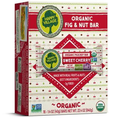 Happy Village Organic Fruit &amp; Nut Bar, SWEET CHERRY | Gluten Free, No Refined Sugar, Kosher, Non-GMO, Vegan, Good Source of Fiber | Organic Healthy Snack Bars (16 bars, 1.4 OZ each)