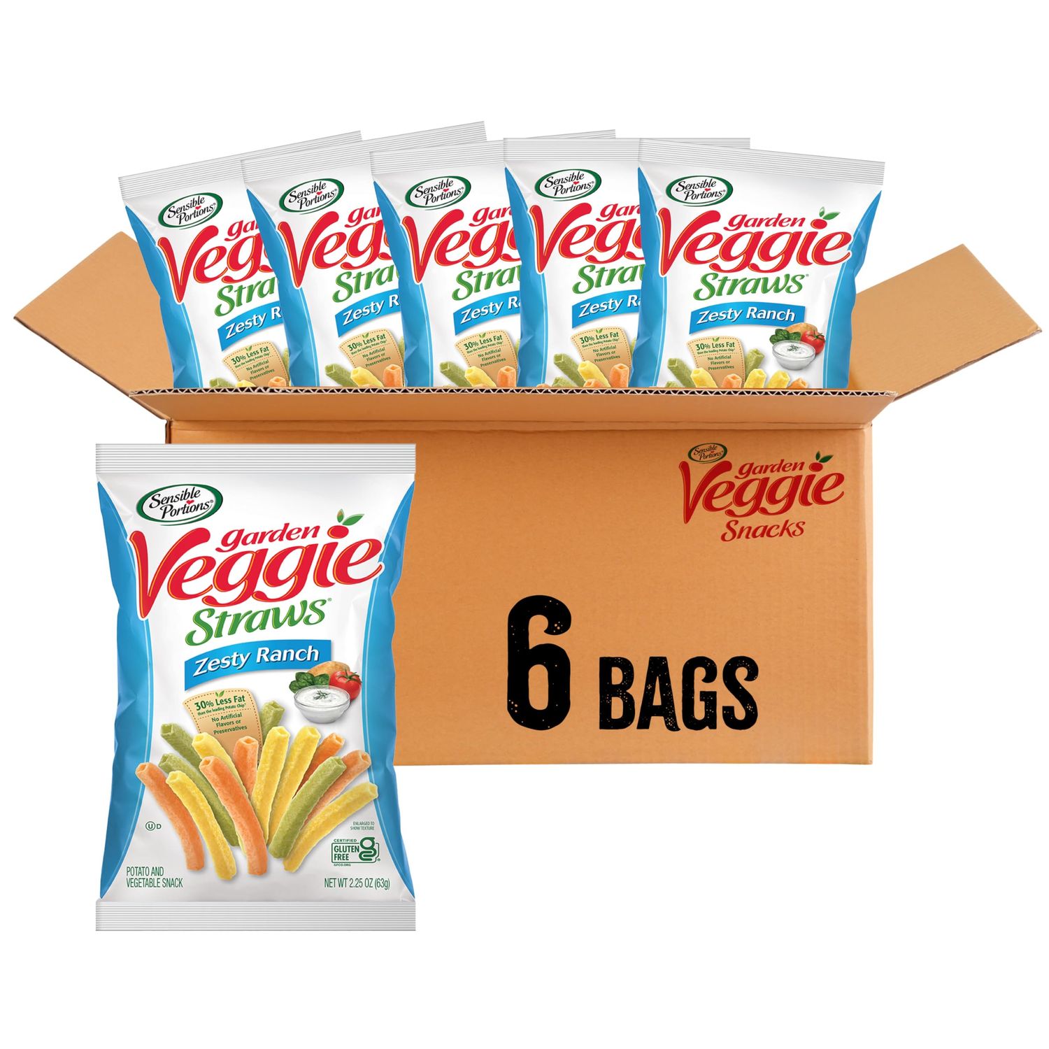 Sensible Portions Veggie Straws, Zesty Ranch Flavor, Gluten-Free Chips, Individual Snacks, 2.25 Ounce Bag, 6-Pack