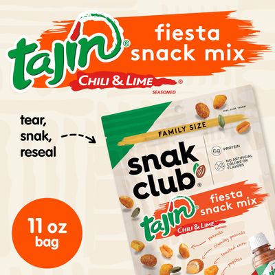 Snak Club Tajin Fiesta Snack Mix, Peanuts, Crunchy Peanuts, Toasted Corn, and Pepitas with Chili and Lime Seasoning, Mild, No Artificial Colors or Flavors, 11 oz Resealable Bag