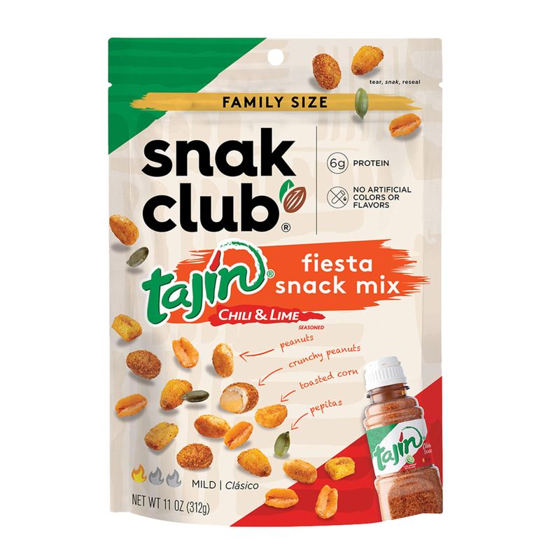 Snak Club Tajin Fiesta Snack Mix, Peanuts, Crunchy Peanuts, Toasted Corn, and Pepitas with Chili and Lime Seasoning, Mild, No Artificial Colors or Flavors, 11 oz Resealable Bag