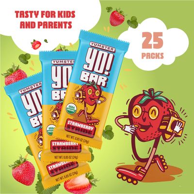 Yo Bar by Bearded Brothers Vegan Organic Kids Bar | Gluten Free, Paleo and Whole 30 | Soy Free, Non GMO, Low Glycemic, No Sugar Added, Fiber Whole Foods | Strawberry | 25 Bars