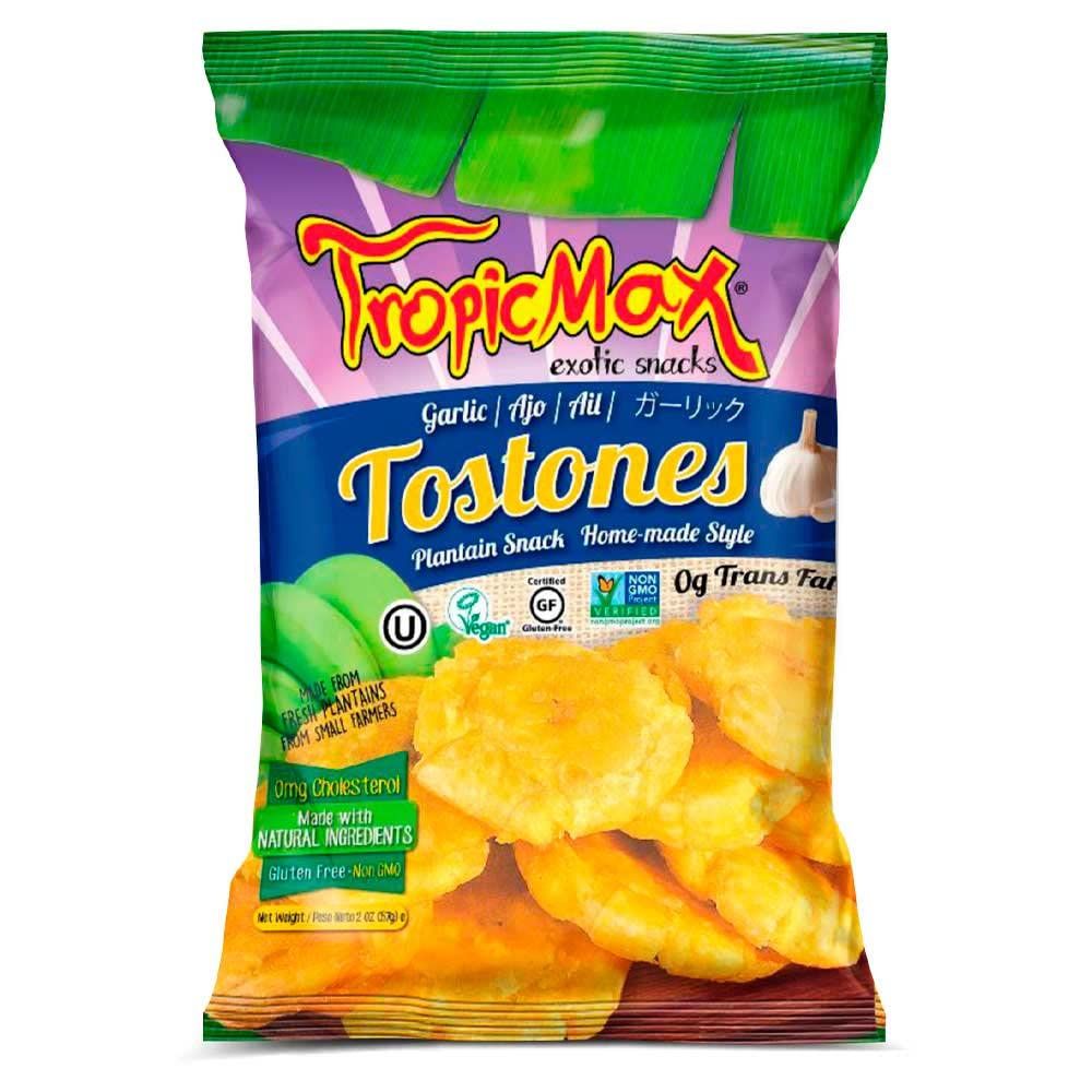 TropicMax -Tostones Plantain Chips with Garlic Flavor - Gluten-Free Certified Kettle Cooked Organic Healthy Snacks - Vegan Green Plantain Chip with Individual Bags - Non-GMO, Kosher (1.4oz - 12packs)