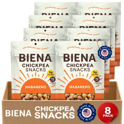 BIENA Chickpea Snacks - Crunchy Roasted Chickpeas - High Fiber Vegan Protein Snacks for Adults and Kids - 8-Pack, 5 Ounce - Habanero
