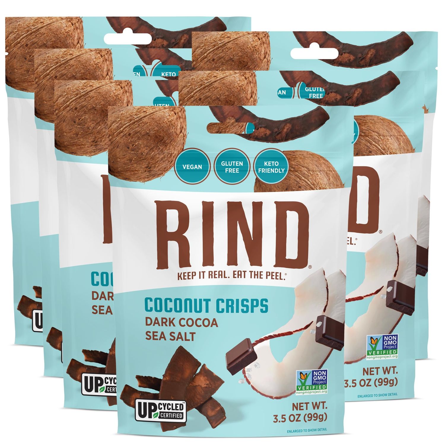 RIND Snacks | Dark Cocoa Sea Salt Coconut Crisps | Dried Fruit Superfood | Snack Chips | All Natural | Low Carbs | High in Fiber | Keto | Gluten Free | Vegan | Paleo | Fruit Snacks | 3.5 oz | 6 Pack