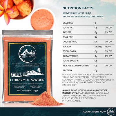 Aloha Right Now Authentic Li Hing Mui Powder 6 oz (Pack of 2) - for flavoring fruits, candy, &amp; cocktail drinks - Sweet, Sour &amp; Salted Dried Plum Powder - Asian Hawaiian Snacks