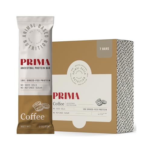 Prima Grass Fed Protein Bars (Coffee), 7 Pack - Animal-Based Protein Bar with Beef Tallow, Raw Honey, Seed Oil Free, Low Carb, Gluten-Free - Healthy, Energy Snacks for Clean Lifestyle