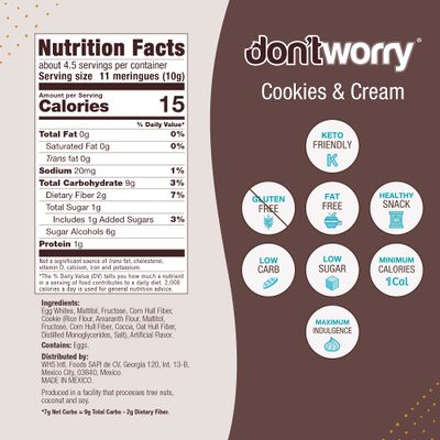 DON'TWORRY Keto Friendly Merengue Cookies | Only 1 Calorie per piece | 2 Pack - Cookies and Cream | Healthy Candy, Gluten Free Snacks, Low Carb, Low Sugar, Low Calories