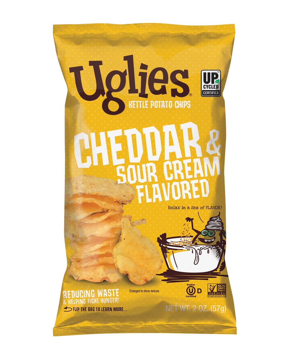 UGLIES Cheddar and Sour Cream Kettle Cooked Potato Chips - Gluten Free, Kosher, Non-GMO Office and Kids Snack - Individual Snack Packs 2 Oz. Bags, Pack of 12