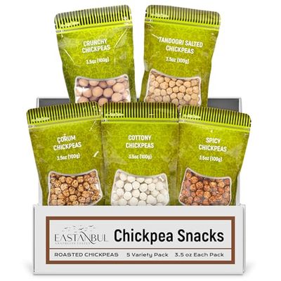 Eastanbul Turkish Roasted Chickpeas, 5 Variety Pack, 3.5 Ounce Bags, Dry Leblebi,Chickpea Snacks, Crunchy Chickpeas, Roasted Garbanzo Beans, Tandoori, Cottony, Spicy, Crunchy, Corum Chick Peas