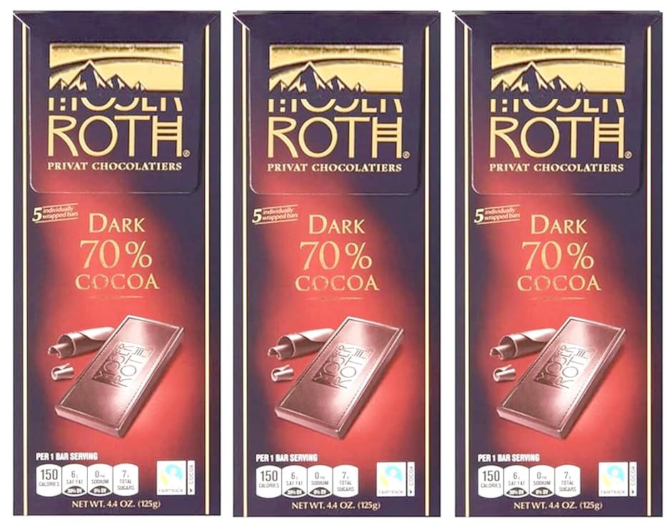 70% Dark Chocolate Bar 4.4oz, Roth Moser Snack Snacking Low Sugar Keto Friendly Food Dessert Treat, 3 Pack