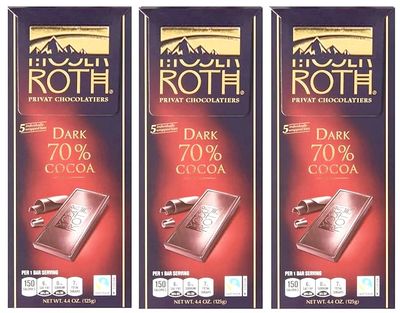 70% Dark Chocolate Bar 4.4oz, Roth Moser Snack Snacking Low Sugar Keto Friendly Food Dessert Treat, 3 Pack