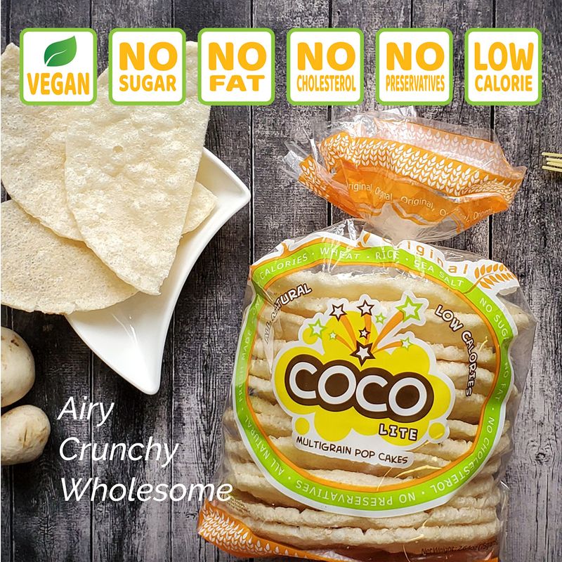 4 PACK COCO LITE ORIGINAL Popped Rice Cakes, Non-GMO, Light and Airy Rice Cracker, Multigrain Rice Crisps, Low Calorie, Sugar Free, Fat Free, No Preservatives