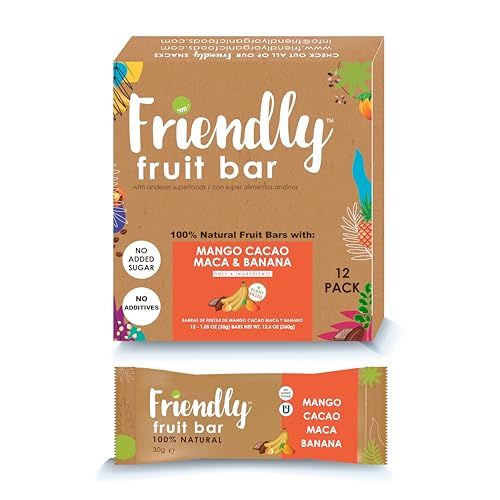 Friendly Fruit Bar |Banana, Mango, Cacao, and Maca | (12 pack), 1.05 ounces | Healthy Natural Snack, Energetic, Plant Based, Non - GMO, Vegan, No Added Sugar, Kosher, Gluten Free.