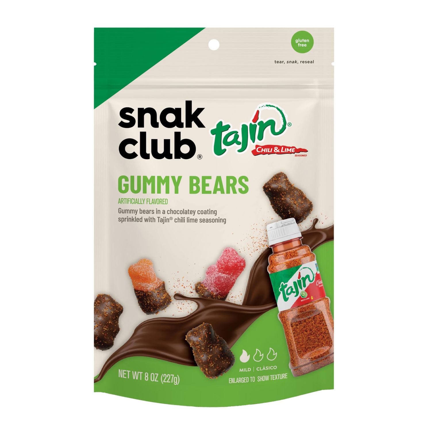 Snak Club Tajin Chocolatey Gummy Bears, Assorted Chocolate Covered Fruit Candy Gummies with Chili and Lime Seasoning, Mild, Gluten-Free Snacks, 8 oz Resealable Bag