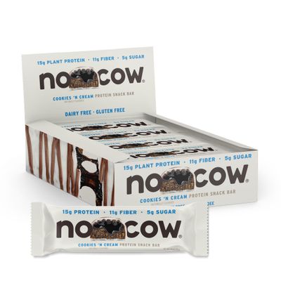 No Cow Vegan Protein Bars with Low Sugar &amp; High Protein, 15g Plant Based Protein &amp; 10g Fiber Snacks for On-the-Go Nutrition &amp; Post-Workout, Gluten-Free, Dairy-Free (Cookies n Cream, 12 Count)
