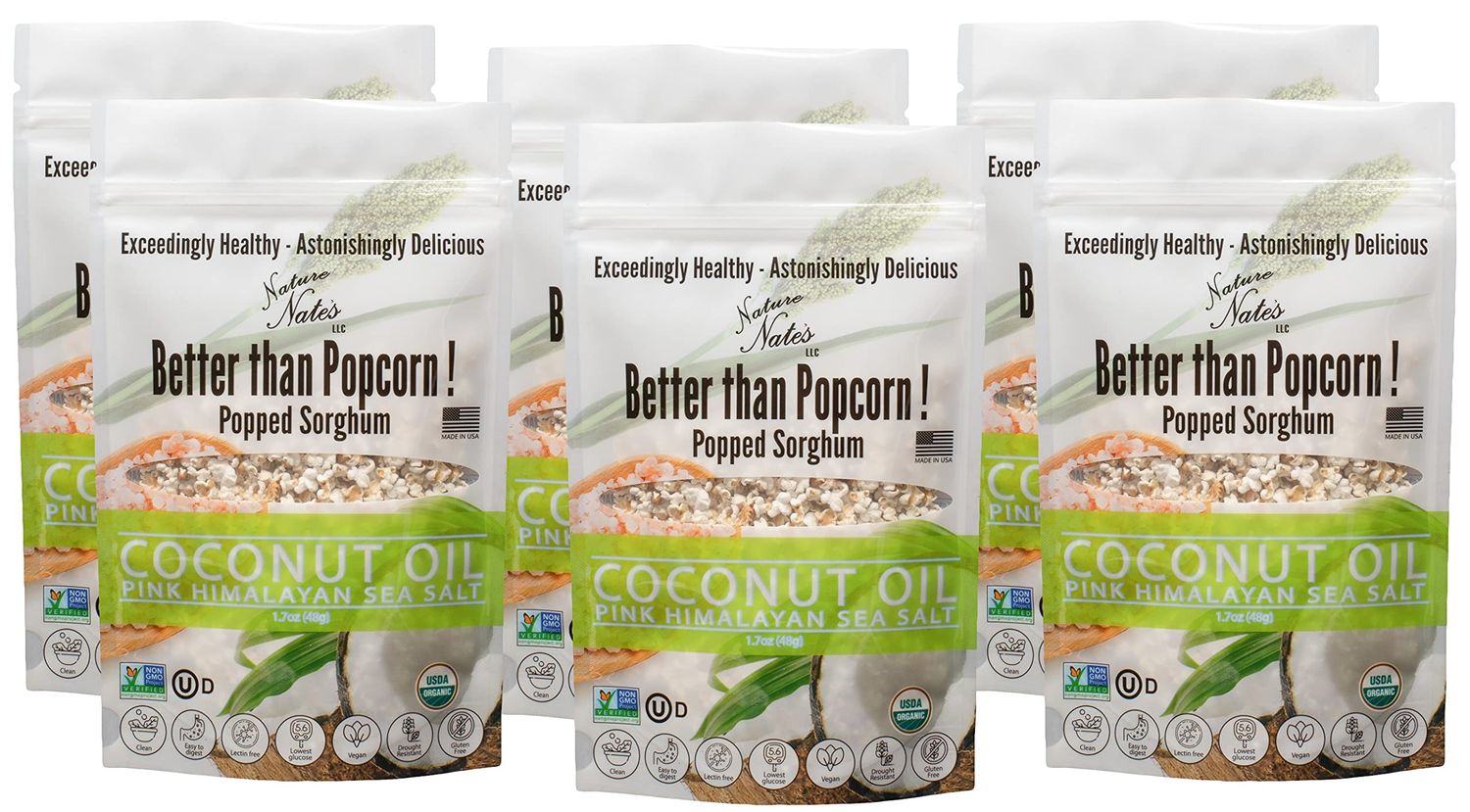 Nature Nates Popped Sorghum, Coconut Oil &amp; Pink Himalayan Sea Salt - Organic, Keto &amp; Gluten Free, Healthy Snacks, Better Than Popcorn, Made in USA - 1.7 Ounce (Pack of 6)