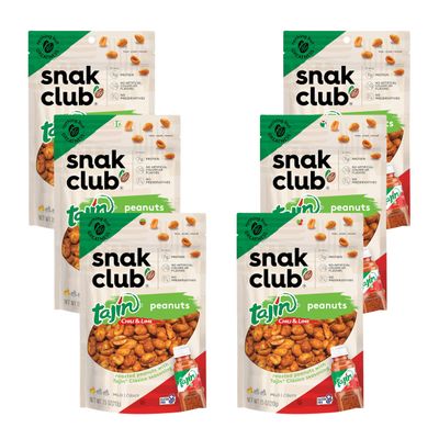 Snak Club Tajin Peanuts, Roasted Nuts with Chili and Lime Seasoning, Mild, Gluten-Free, Kosher Snacks, No Artificial Colors or Flavors, Low Cholesterol, 7.5 oz Resealable Bags, 6 Pack
