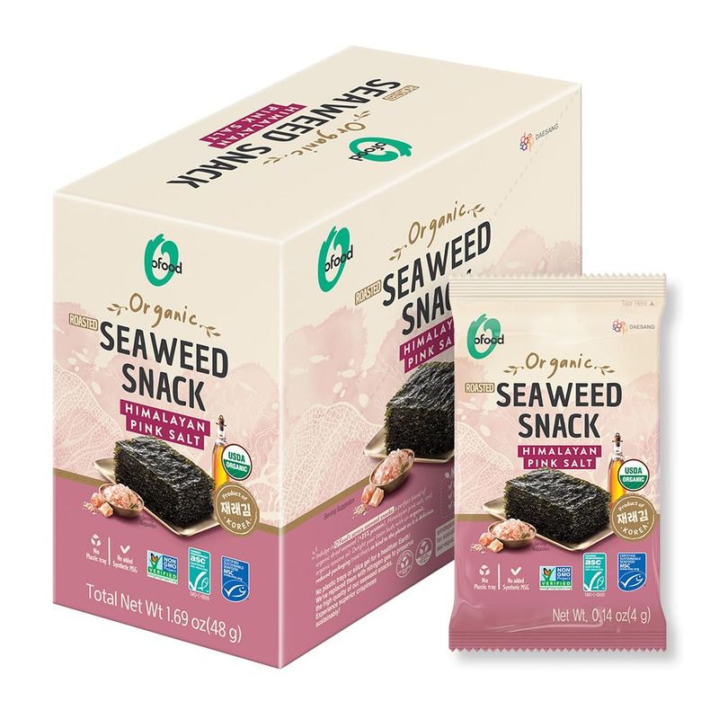 O'Food Organic Roasted Seaweed Snack Himalayan Pink Salt Pack of 12, Gluten-Free, Vegan, Low-Calorie, Umami Flavor