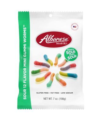 Albanese World&#39;s Best Sour 12 Flavor Mini Gummi Worms, 7oz Bag of Candy (Pack of 12), Individually Wrapped Soft &amp; Chewy Candy Snacks