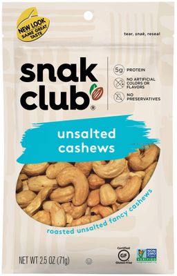 Snak Club Roasted &amp; Unsalted Cashews, 2.5 Ounce (Pack of 6)