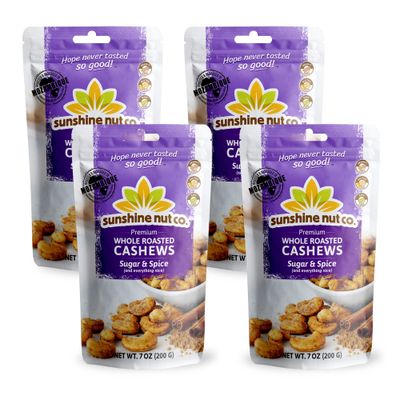 Sunshine Nut Co. Whole Roasted Lightly Salted Cashews, Sugar and Spice Flavor, 4 Pack, 7 oz. Each, Gluten Free, Peanut Free and Vegan Individual Snack Packs for Kids and Adults, GMO Free