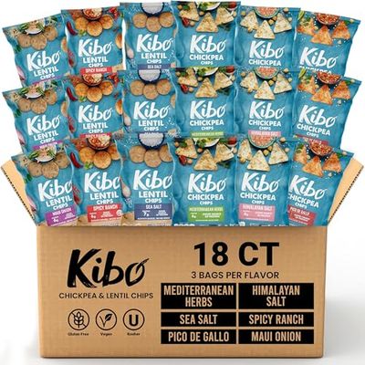 Kibo Chickpea &amp; Lentil Chips Variety Pack: Savory, Plant-Based Protein Chips Nutritious, Vegan &amp; Guilt-Free Snacking - Low-Carb, Low-Calorie, Non-GMO, Gluten-Free, Kosher Healthy Snacks 1oz, 18 Pack