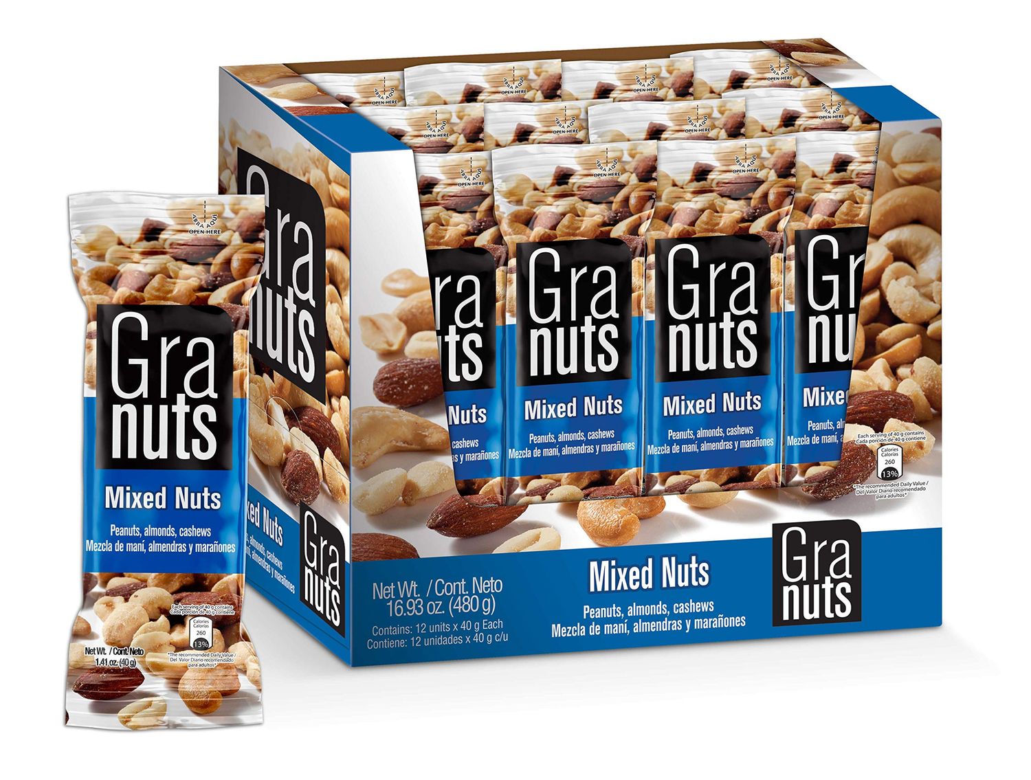 Granuts Mixed Nuts | Almonds, Peanuts &amp; Cashews | Crunchy  Soft Textures | On-the-Go Snack | 1.41 Oz (12 Inner Packs)