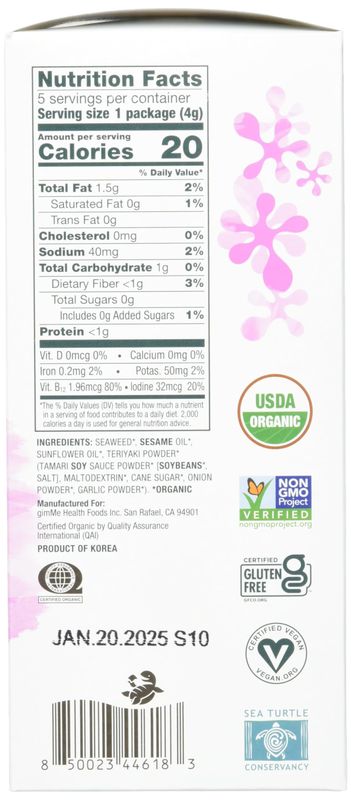 Gimme Grab &amp; Go Roasted Seaweed Snacks, Teriyaki, Vegan, USDA Certified Organic, Gluten Free &amp; Non-GMO, 5 Value Pack, 0.7 Ounce (Pack of 6)