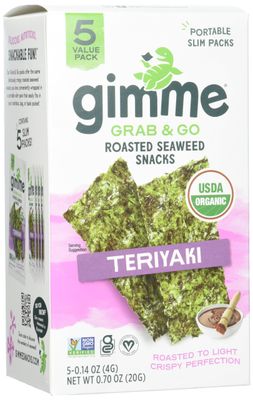 Gimme Grab &amp; Go Roasted Seaweed Snacks, Teriyaki, Vegan, USDA Certified Organic, Gluten Free &amp; Non-GMO, 5 Value Pack, 0.7 Ounce (Pack of 6)